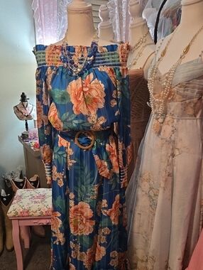 Boston Proper Blue Floral Boho Chic Off-Shoulder Maxi Dress with Belt Accent